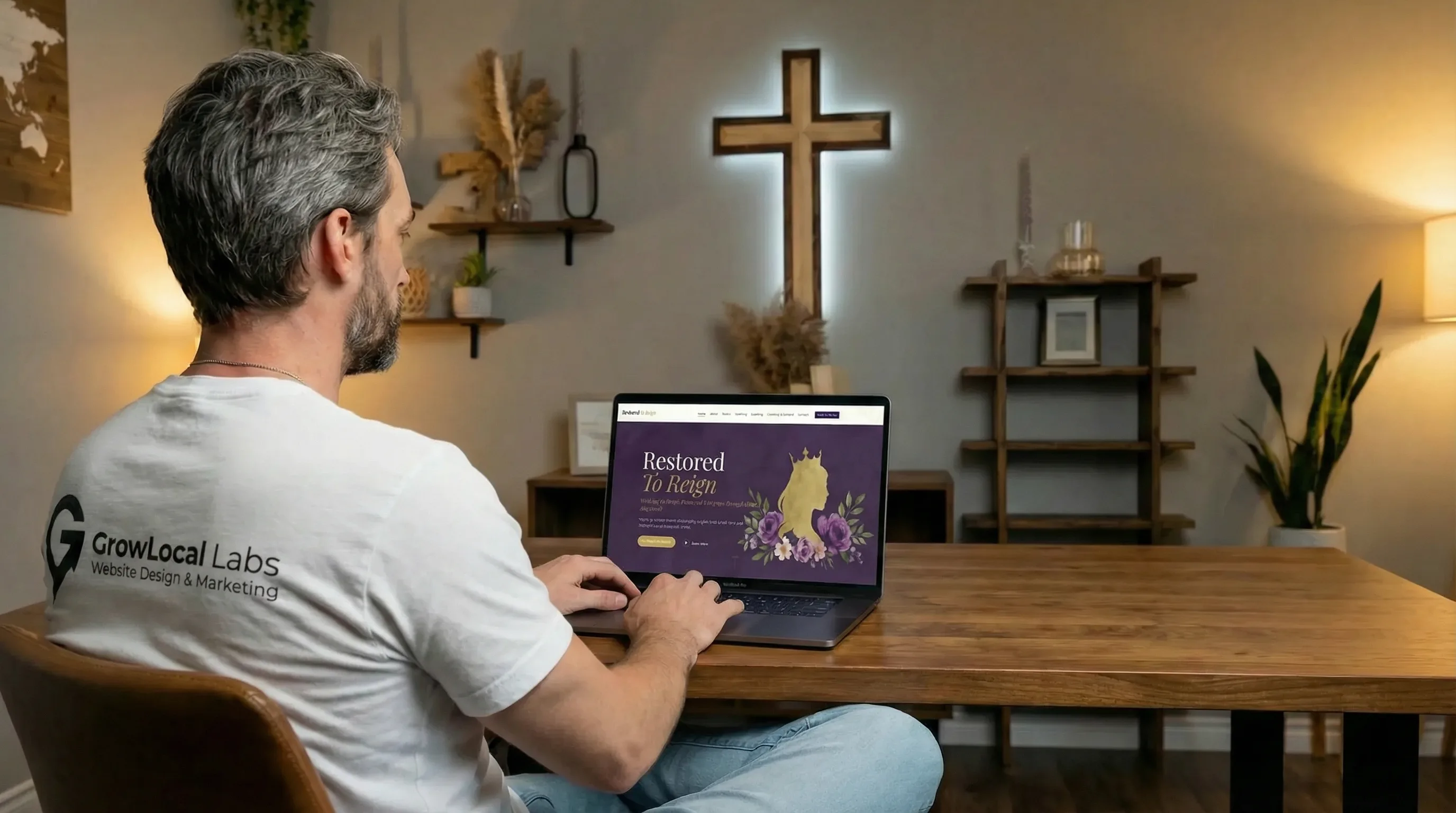 GrowLocal Labs designer working on the Restored to Reign faith-based website