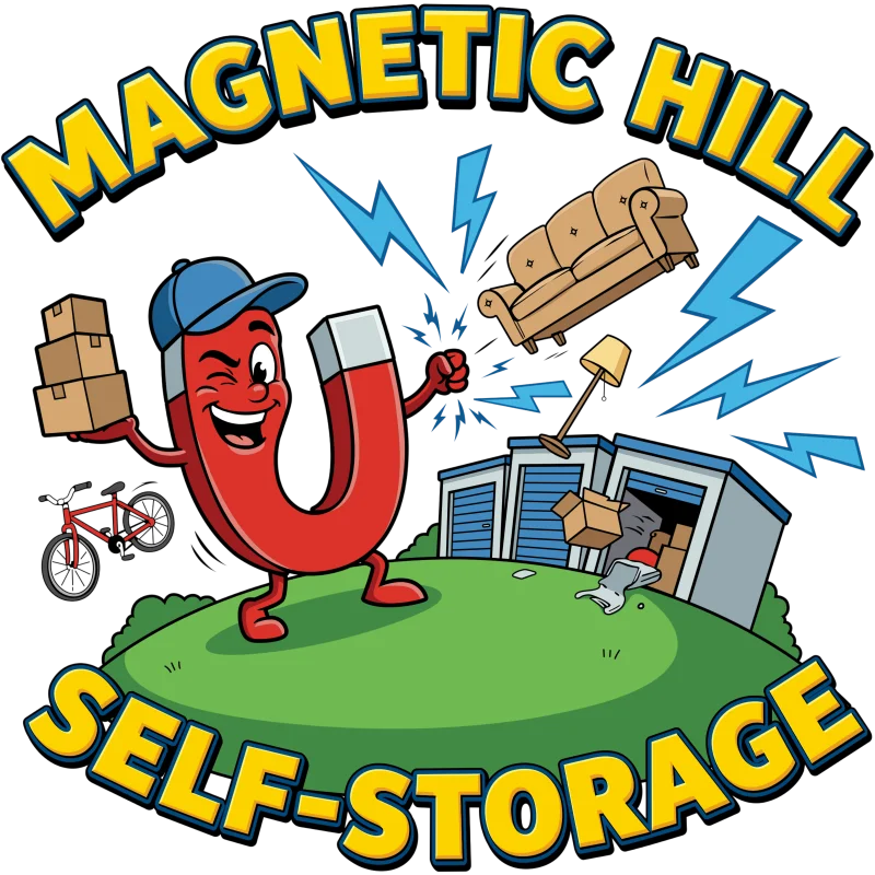 Magnetic Hill Self Storage cartoon mascot logo featuring a red magnet character with a blue cap attracting furniture and boxes into storage units in Moncton NB