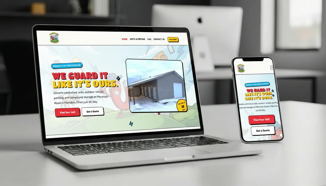 Magnetic Hill Self Storage custom website design displayed on laptop and smartphone showing cartoon mascot branding for Moncton self storage business