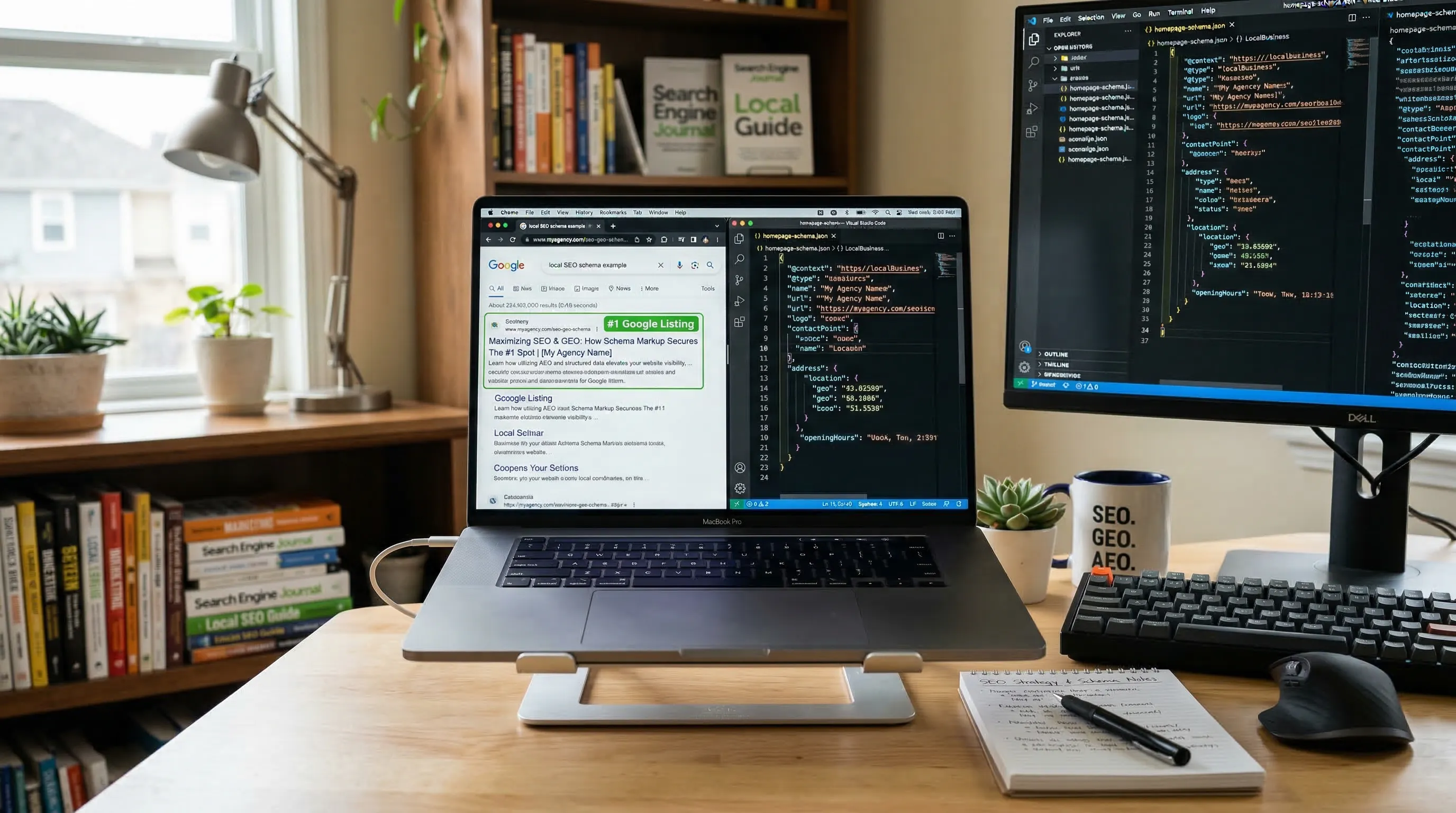 Home office desk showing Google search results with schema markup and code editor displaying JSON-LD structured data for SEO AEO and GEO optimization