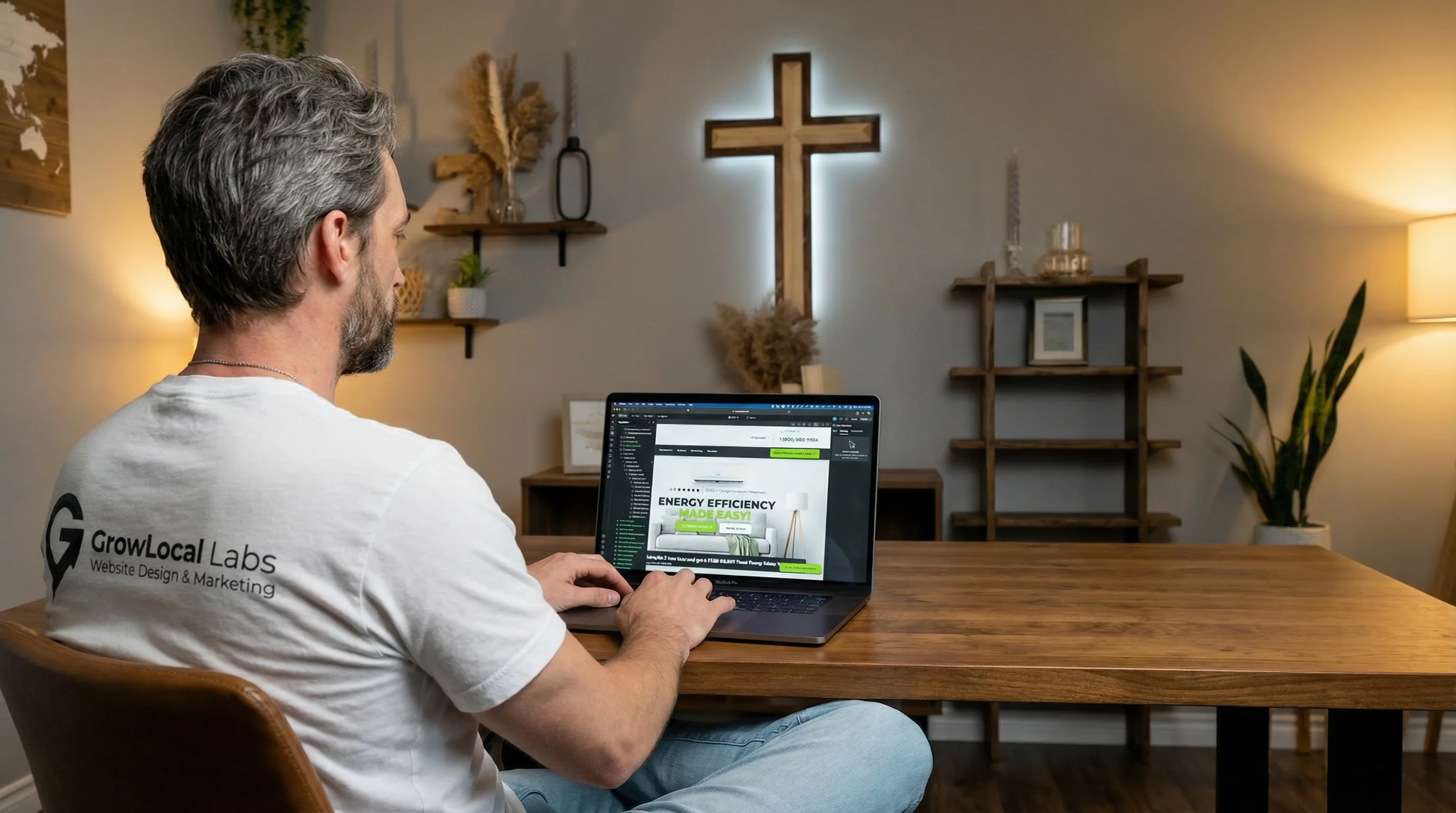 Nathan, founder of GrowLocal Labs, working on a client website